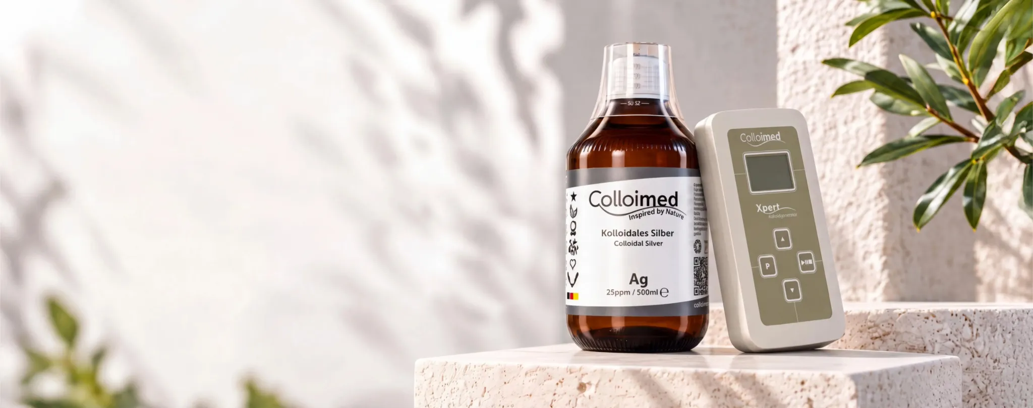 Colloimed Silberkolloid und Xpert auf hellem Naturstein