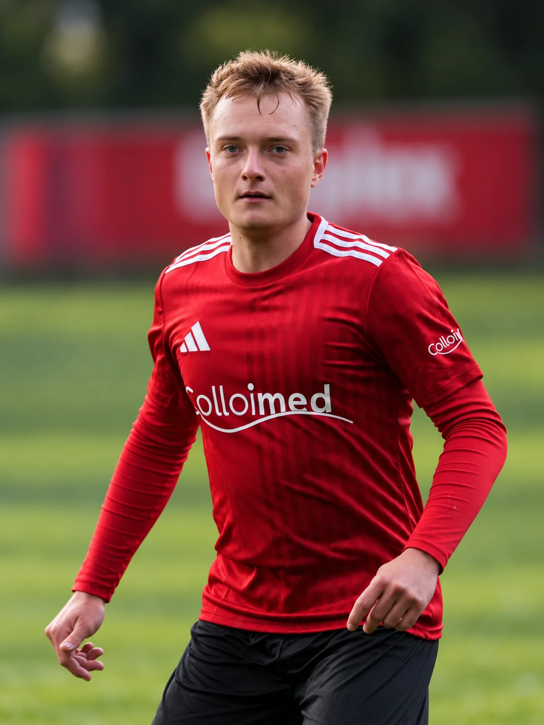 Fußballspieler in einem roten Trikot mit Colloimed-Schriftzug
