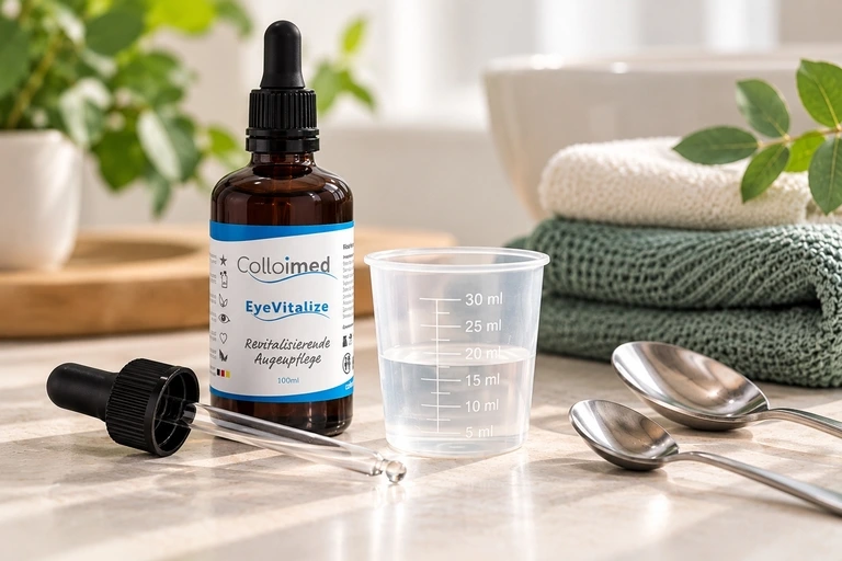 Colloimed EyeVitalize Braunglasflasche neben 30-ml-Messbecher, Pipette und zwei Löffeln