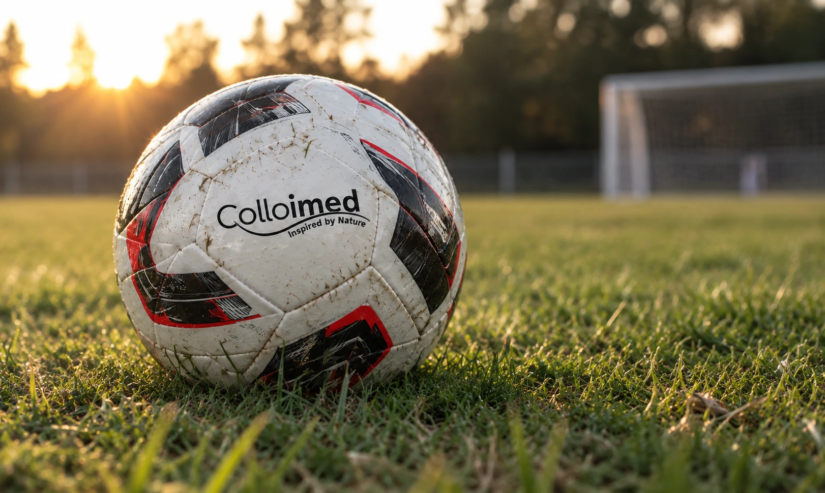 Fußball mit Colloimed-Logo auf dem Rasen