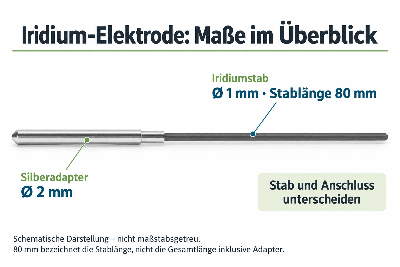 Mit dem integrierten Imagegen-Werkzeug erstellte schematische Maßgrafik auf Basis des originalen Colloimed-Produktbilds von Produkt 544. Maße aus den Produktmerkmalen: Iridiumstab Ø 1 mm, Stablänge 80 mm; Silberadapter Ø 2 mm. Nicht maßstabsgetreu.