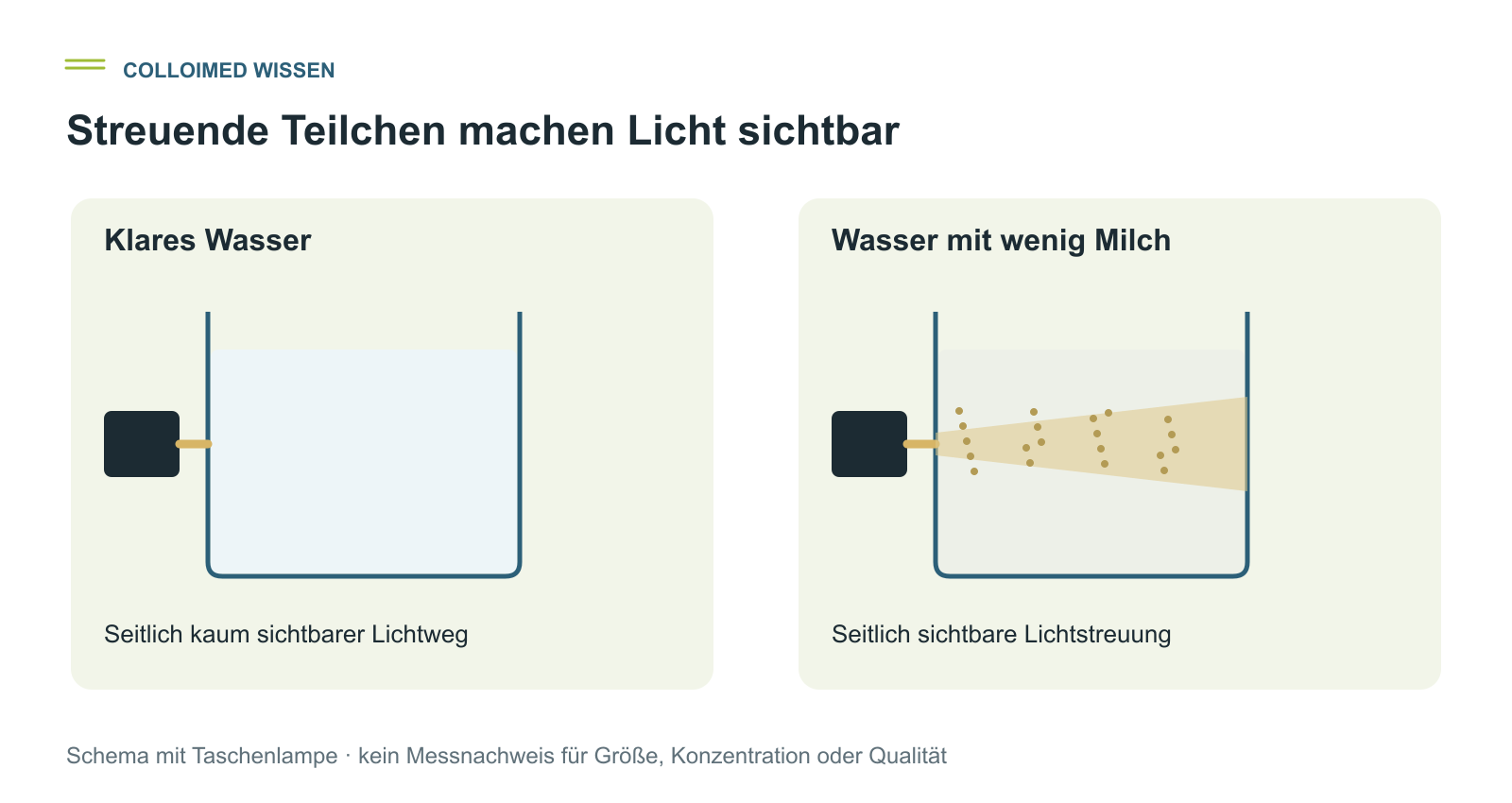 Tyndall-Versuch mit Wasser und Milch Schematischer Tyndall-Versuch mit klarem Wasser und leicht milchigem Wasser im Taschenlampenlicht