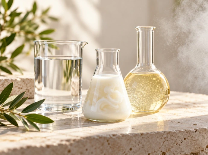 Kolloide verstehen – Kostenloser Online-Kurs der Colloimed Akademie Drei Glasgefäße mit klaren, milchig-weißen und goldfarbenen Flüssigkeiten auf hellem Naturstein – Symbolbild für die Vielfalt kolloidaler Systeme