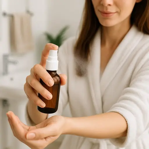 Sanfte Anwendung mit Zerstäuberpumpe DIN18 von Colloimed Frau sprüht mit Braunglasflasche und DIN18-Zerstäuberpumpe einen feinen Nebel auf die Haut