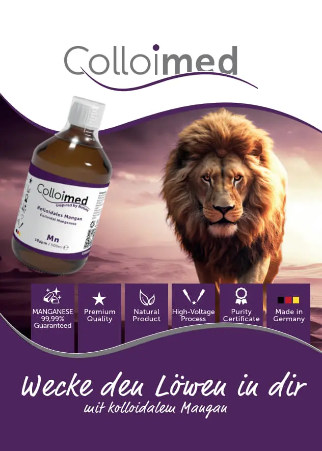 Produktflyer mit der Aufschrift „Kolloidales Mangan – wecke den Löwen in dir“ und den wichtigsten Qualitätsmerkmalen von Colloimed Mangan
