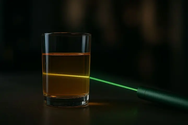 Colloimed – Tyndall-Effekt in hochwertiger Kolloid-Lösung Grüner Laserstrahl, der durch ein Glas mit Kolloid-Lösung einen klar sichtbaren Tyndall-Strahl erzeugt