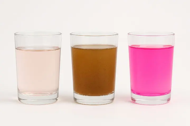 Colloimed – Vergleich: klares Kolloid, trübes Kolloid, Farbstoff-Fake Drei Gläser nebeneinander mit klarer Kolloid-Lösung, trübem Kolloid und knallig gefärbtem Wasser als Beispiel für Fälschungen