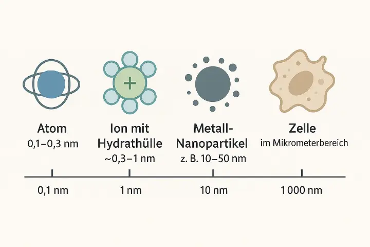 Colloimed – Größenskala: Atom, Ion, Kolloid-Nanopartikel, Zelle Größenskala im Nanometerbereich von Atom und Ion bis hin zu Kolloid-Nanopartikeln und Zellen