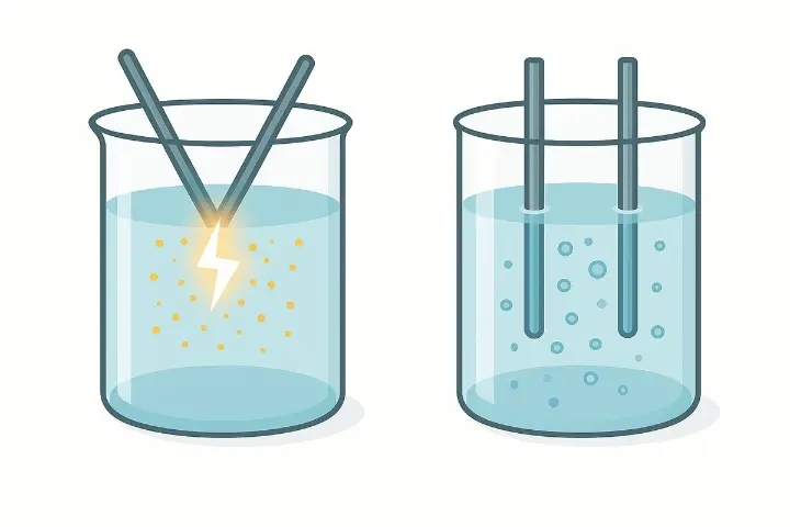 Colloimed – Hochvolt-Plasmaverfahren vs. Niedervolt-Elektrolyse im Vergleich Grafischer Vergleich zwischen Hochvolt-Plasmaverfahren mit Lichtbogen und einfacher Niedervolt-Elektrolyse