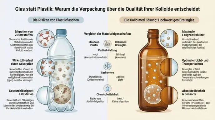Vergleichstabelle: Warum Colloimed Braunglas bei Adsorption, Gasdurchlässigkeit und Reinheit besser abschneidet als Plastikflaschen