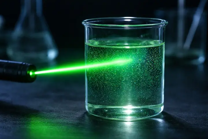 Tyndall-Effekt in kolloidaler Flüssigkeit Grünes Laserlicht zeigt die Lichtstreuung in einer kolloidalen Flüssigkeit beim Tyndall-Effekt
