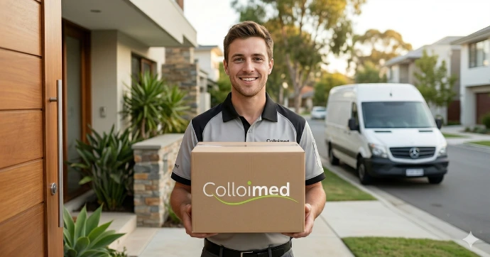 Freundlicher Paketbote liefert ein Colloimed Paket an einer Haustür an.