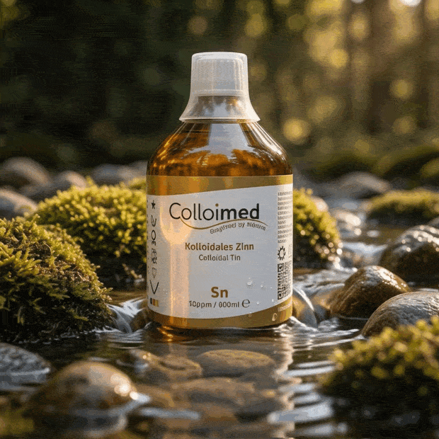 Kolloidales Zinn 10 ppm von Colloimed in klarer Wasser- und Naturinszenierung