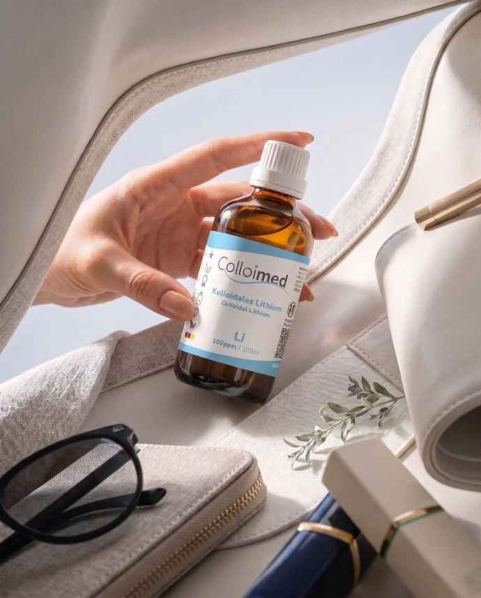 Kolloidales Lithium von Colloimed als hochwertiges Premium-Produktbild mit Handinszenierung