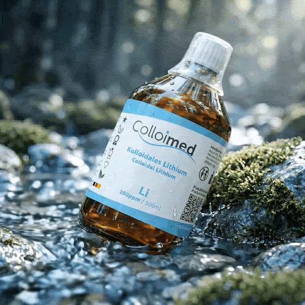 Kolloidales Lithium 100 ppm von Colloimed in klarer Wasser- und Naturinszenierung