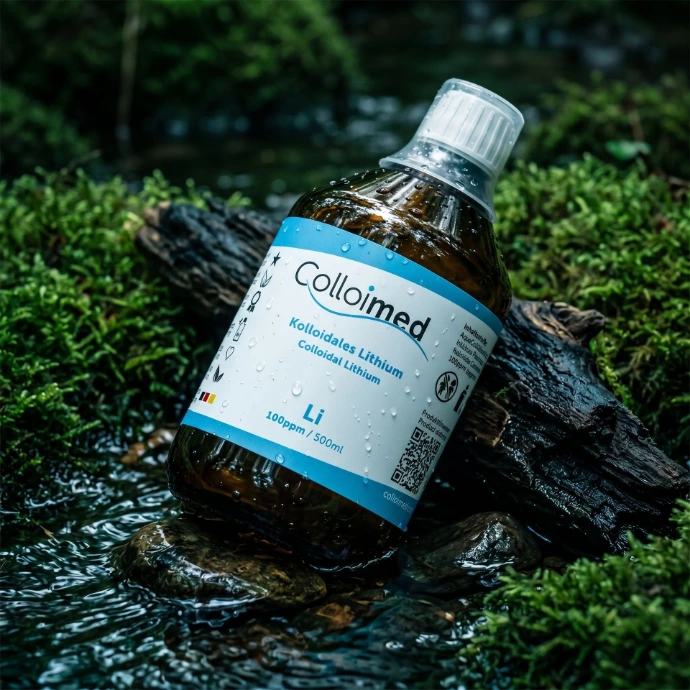 Kolloidales Lithium von Colloimed ohne Zusätze in klarer Wasser- und Naturinszenierung