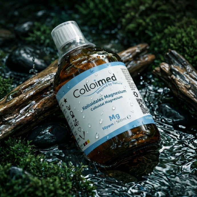 Kolloidales Magnesium von Colloimed ohne Zusätze in klarer Wasser- und Naturinszenierung