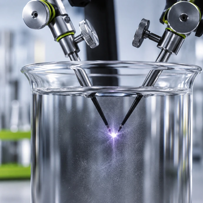 Hochvolt-Entladung zwischen Elektroden im Becherglas zur Kolloidherstellung