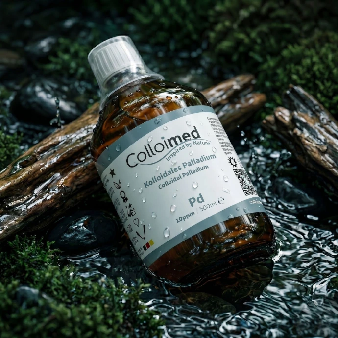 Kolloidales Palladium von Colloimed ohne Zusätze in klarer Wasser- und Naturinszenierung