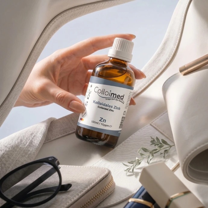 Warum Colloimed Zink? Premium-Qualität und sorgfältige Verarbeitung Kolloidales Zink von Colloimed als hochwertiges Premium-Produktbild mit Handinszenierung