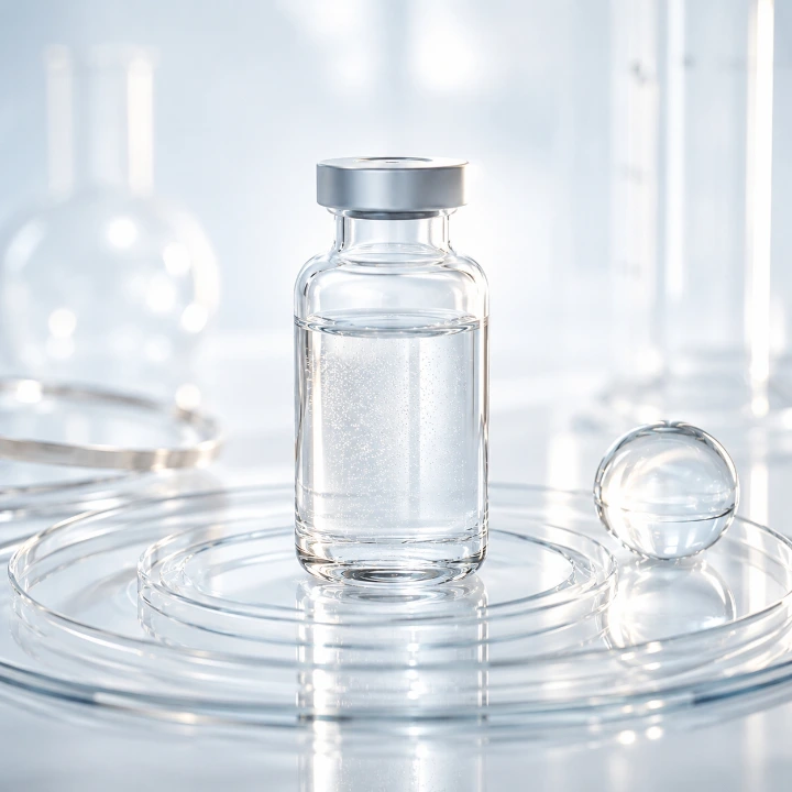 Glasfläschchen mit klarer Flüssigkeit als Symbol für die Bedeutung von ppm und Qualitätsfaktoren bei kolloidalen Produkten.