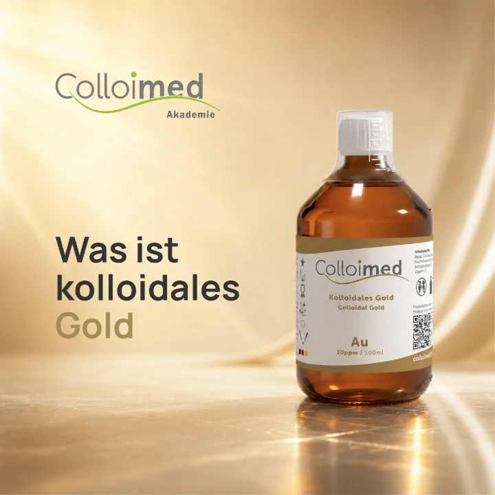 Was ist kolloidales Gold? | Colloimed Akademie Was ist kolloidales Gold – Kursbild der Colloimed Akademie mit Flasche kolloidales Gold