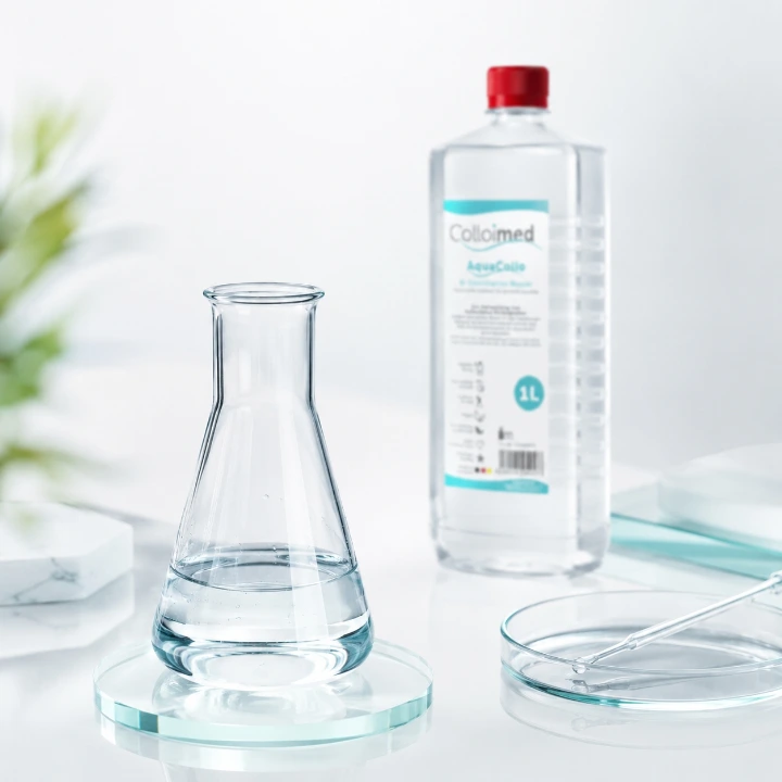 Wasserqualität bei kolloidalen Dispersionen | Colloimed Akademie Becherglas mit klarem Reinstwasser und AquaCollo als Grundlage für kolloidale Dispersionen