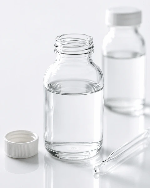 Geöffnete Glasflasche mit klarem Wasser als Symbol dafür, dass destilliertes Wasser keine Garantie für einen bestimmten Leitwert ist