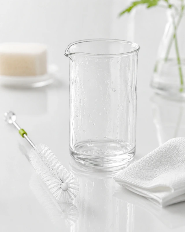 Geeignete Hilfsmittel zur Becherglas-Reinigung | Colloimed Becherglas mit weicher Reinigungsbürste und Tuch für eine saubere Kolloidherstellung