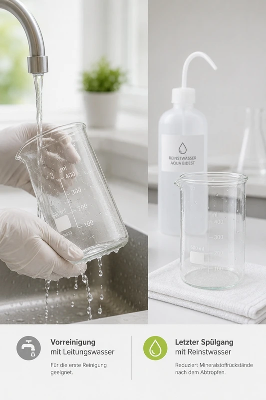 Leitungswasser zur Vorreinigung von Bechergläsern | Colloimed Becherglas bei der Vorreinigung mit Leitungswasser und abschließendem Spülen mit Reinstwasser
