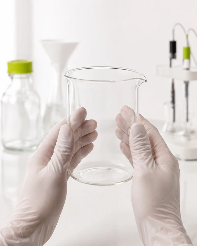 Becherglas wird mit sauberen Einmalhandschuhen gehalten, um Berührungsflächen bei der Kolloidherstellung zu schützen