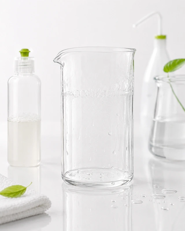 Becherglas mit Spülmittelresten vor dem gründlichen Nachspülen mit Reinstwasser