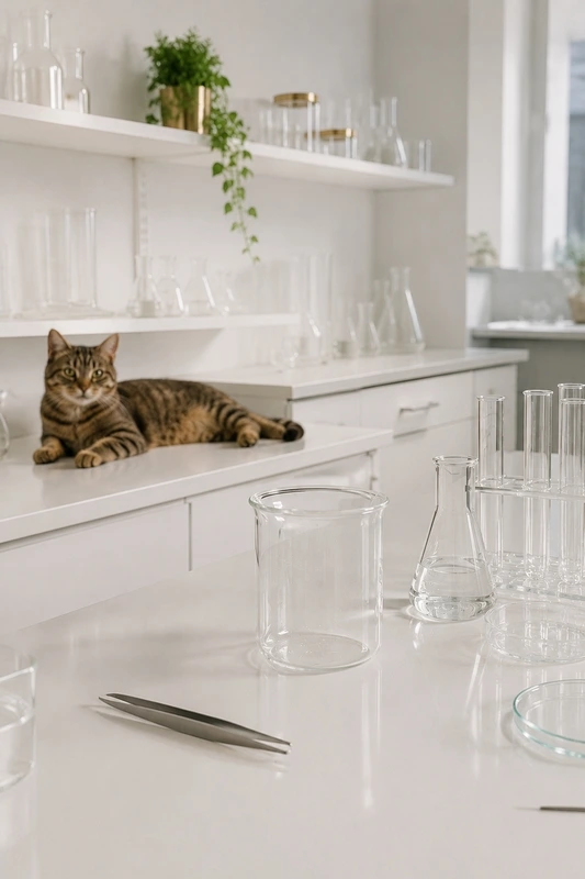 Haustiere in der Laborumgebung bei der Herstellung kolloidaler Dispersionen vermeiden Katze in einer hellen Laborumgebung neben Bechergläsern als Beispiel für mögliche Verunreinigungen bei der Herstellung kolloidaler Dispersionen