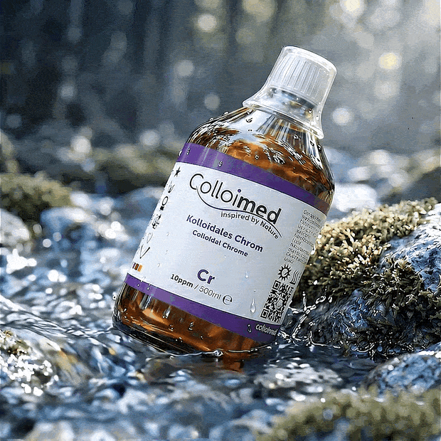 Kolloidales Chrom 10 ppm im Reinstwasser | Colloimed Kolloidales Chrom 10 ppm von Colloimed in klarer Wasser- und Naturinszenierung
