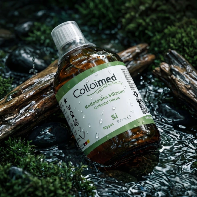 Kolloidales Silizium von Colloimed ohne Zusätze in klarer Wasser- und Naturinszenierung