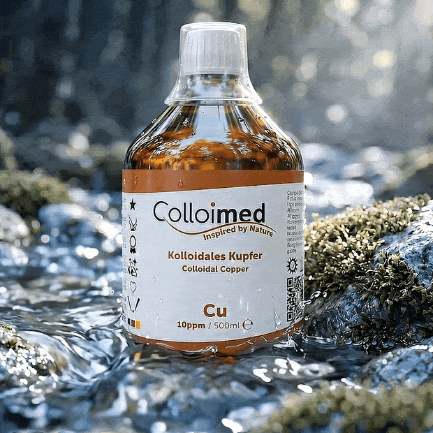 Kolloidales Kupfer 10 ppm von Colloimed in klarer Wasser- und Naturinszenierung