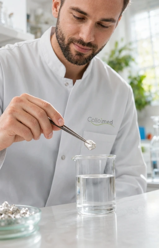 Kolloidales Indium – sorgfältige Herstellung bei Colloimed Fachperson bei der Herstellung von kolloidalem Indium in der Colloimed Manufaktur