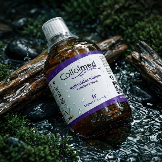 Kolloidales Iridium von Colloimed ohne Zusätze in klarer Wasser- und Naturinszenierung