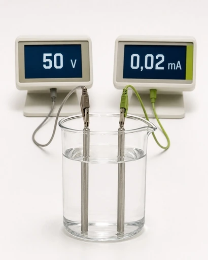 Messung von 50 Volt und 0,02 Milliampere an zwei Elektroden in sehr reinem Wasser