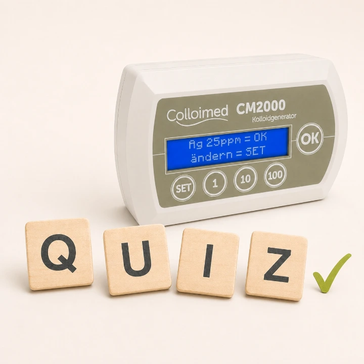 Kolloidgenerator mit QUIZ-Buchstabensteinen als Headerbild des Wissenstests