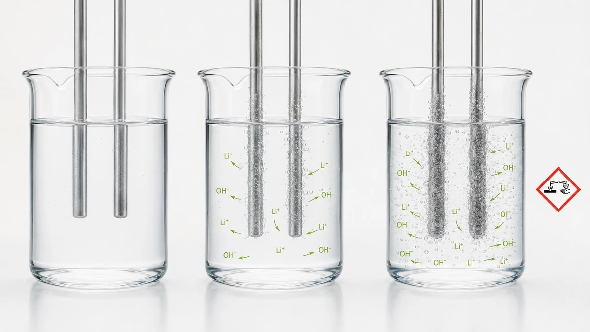 Zwei Lithiumstäbe reagieren mit Wasser und erhöhen durch Lithium- und Hydroxidionen die Alkalität