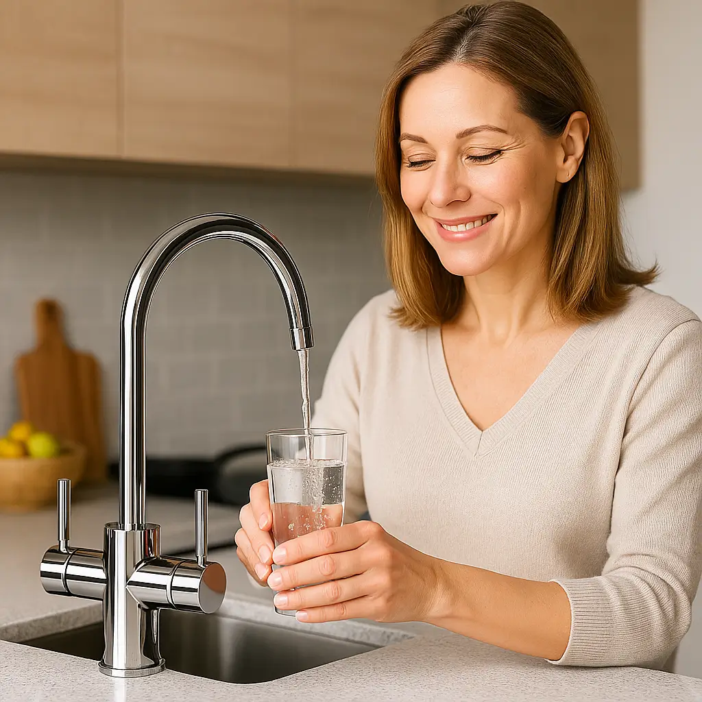 AquaCollo Quro 4-Wege-Wasserhahn beim Befüllen eines Wasserglases