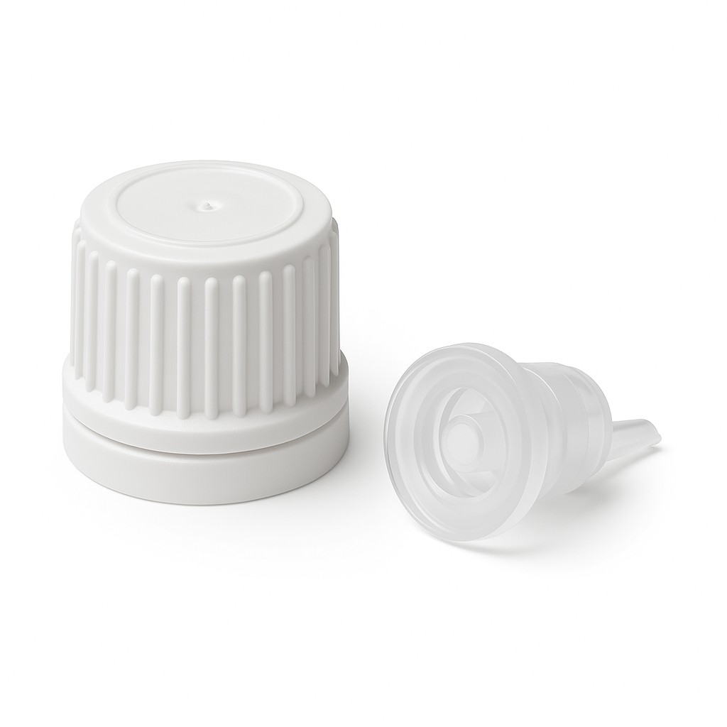 Schraubverschluss DIN18 für Braunglasflaschen, weiß mit Senkrechttropfer