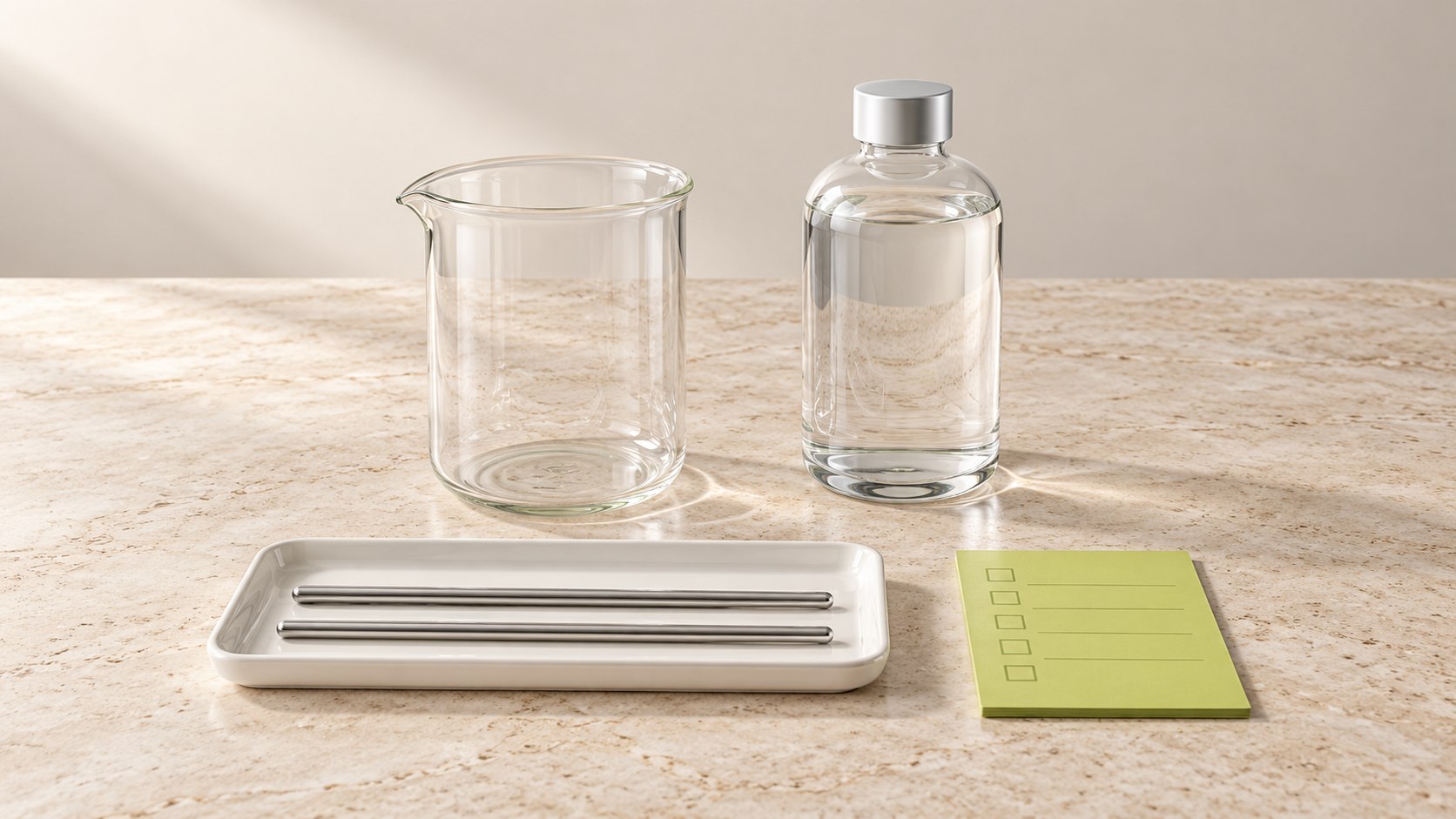 Wasser, Gefäß und Elektroden vorbereiten Leeres Becherglas, Wasserflasche, Metallstäbe und Checkliste zur Vorbereitung